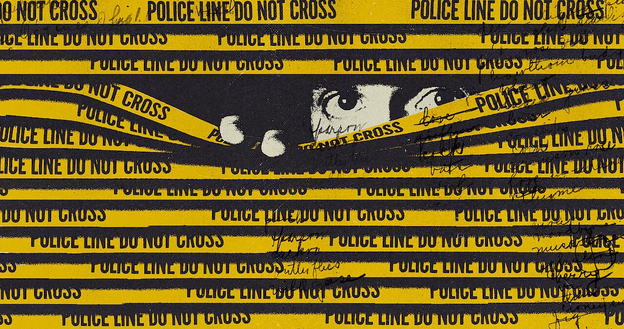 Face looking through police tape