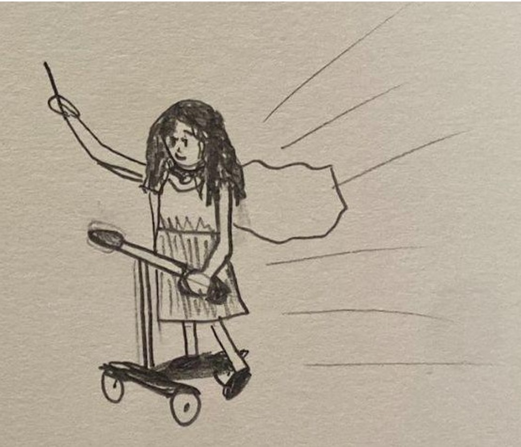 Pencil drawing of young girl in a dress and cape, riding a scooter while holding a chopstick in the air in front of her